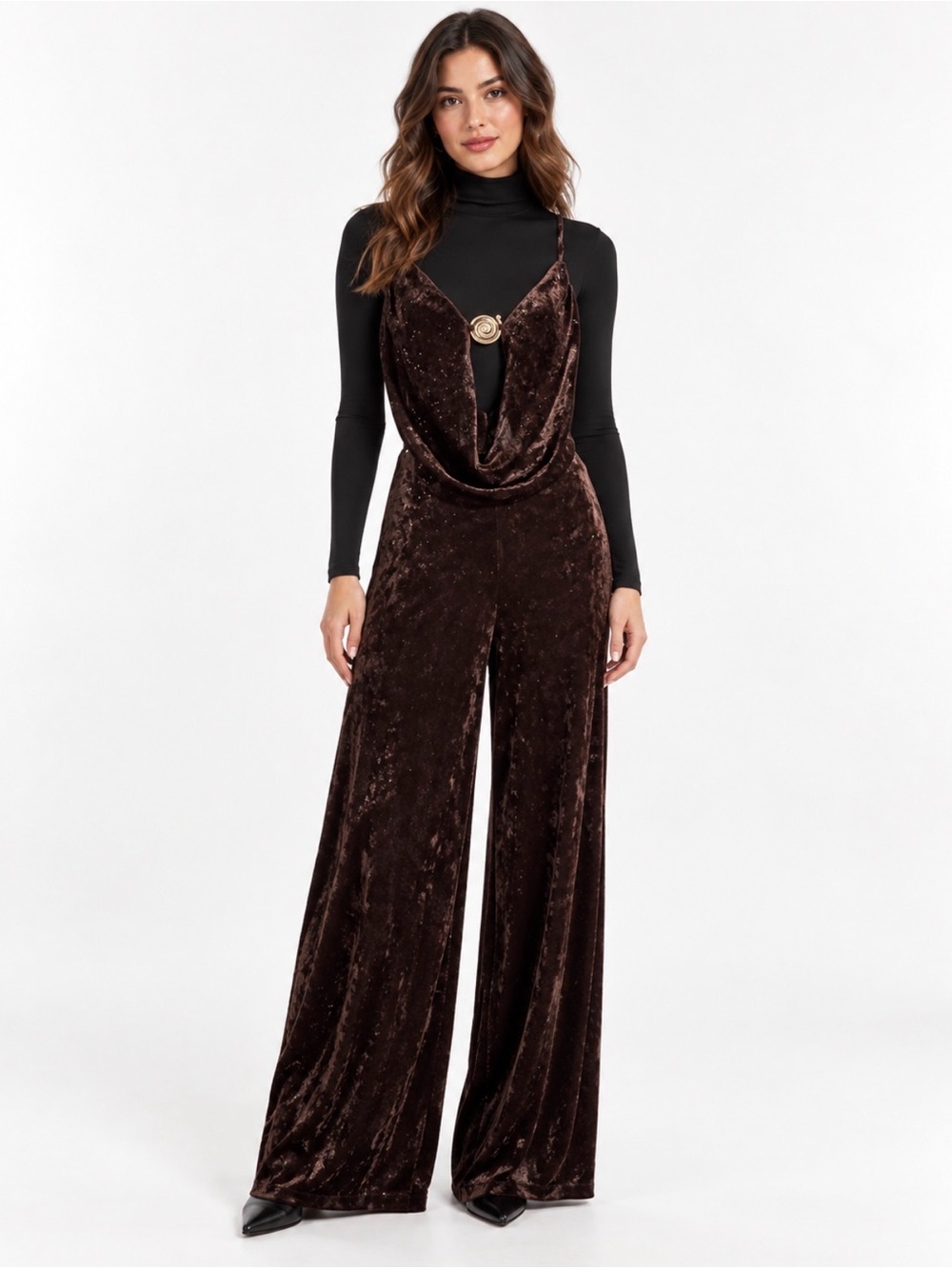 AKIRA Chocolate Velvet Cowl Ring-Front Jumpsuit - Picture 3 of 9